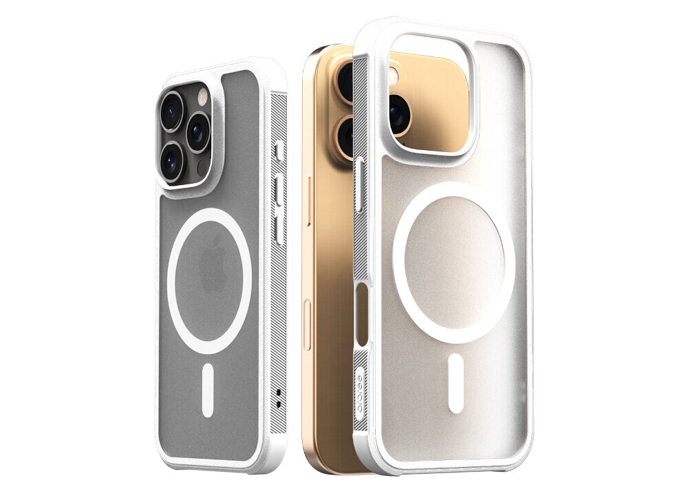 Na obrazie widoczne są dwa przezroczyste etui na telefon z białymi krawędziami i okrągłym wzorem MagSafe. Etui mają wycięcia na przyciski i aparat, a na jednym z nich widnieje napis \'Duple\'.