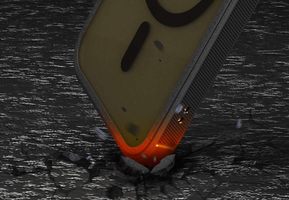 Obraz przedstawia narożnik urządzenia w etui, które wbija się w powierzchnię, powodując pęknięcia. Etui ma metaliczny wygląd z pomarańczowym podświetleniem.