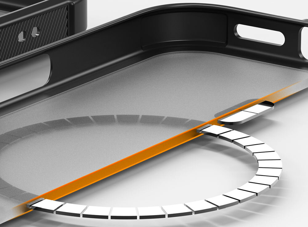 Obraz przedstawia wnętrze etui z widocznym okrągłym wzorem i pomarańczowym elementem. Etui ma czarną ramkę z otworami.