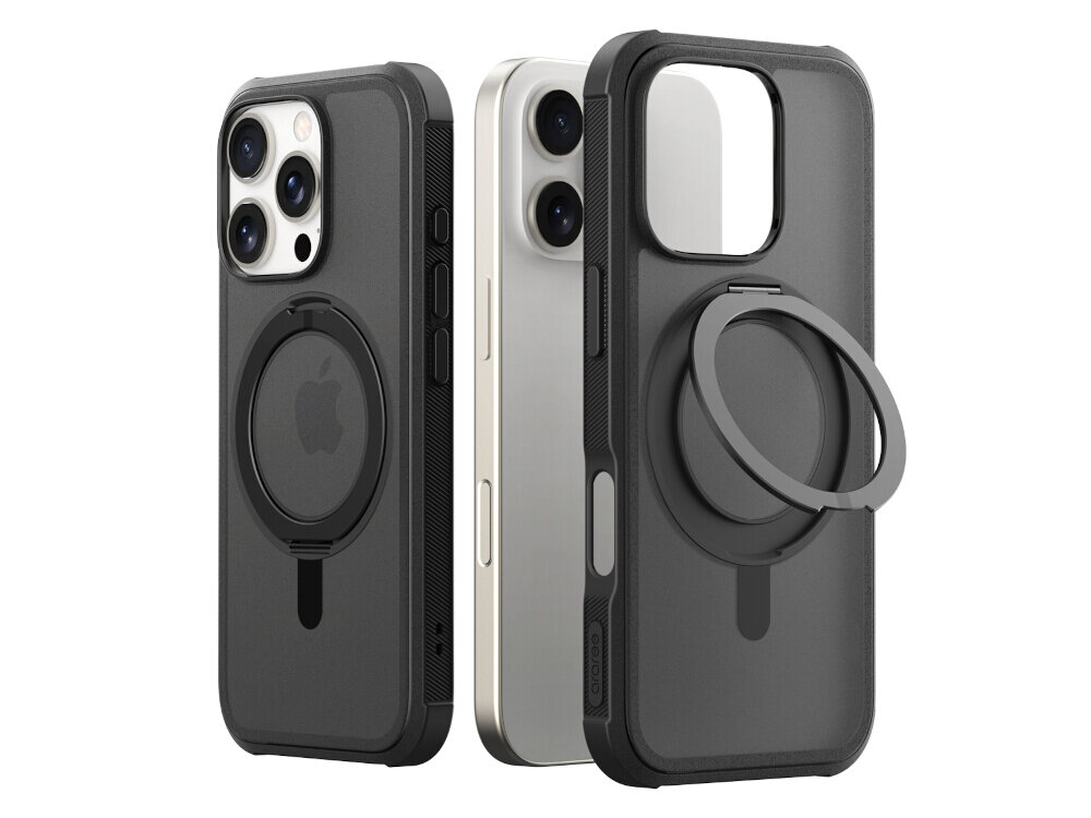 Na obrazie widoczne są dwa czarne etui na telefon z okrągłym uchwytem i wycięciem na aparat. Etui posiadają logo w kształcie jabłka.