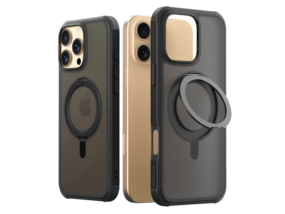 Na obrazie widoczne są dwa czarne etui na smartfony z okrągłym uchwytem na tylnej części. Etui mają wycięcia na aparat i przyciski boczne.