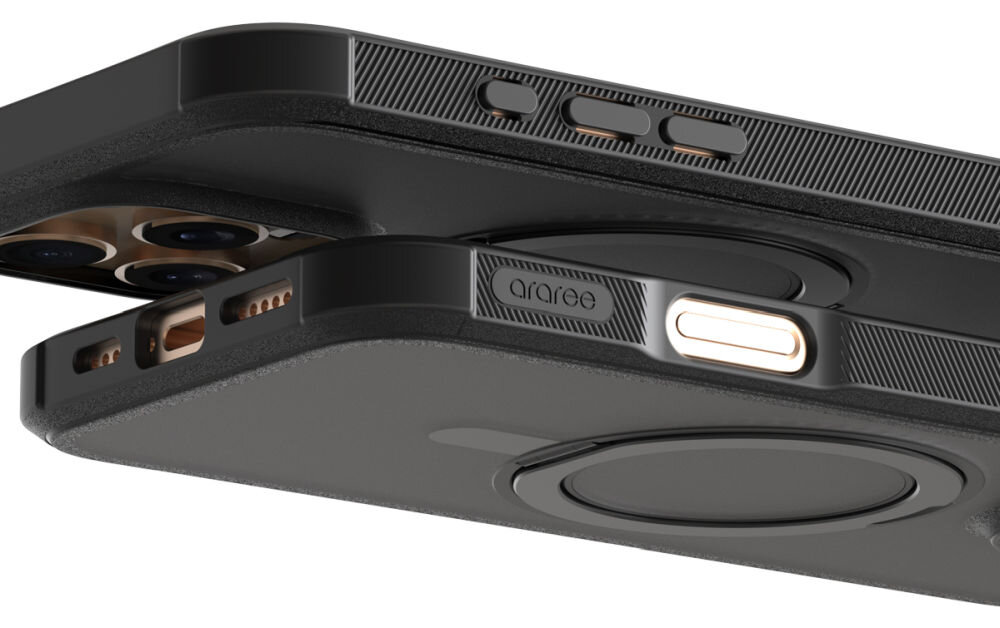 Czarne etui z logo \'araree\' posiada wycięcia na przyciski i aparat oraz okrągły element na tylnej części. Etui jest przeznaczone do telefonu z trzema obiektywami aparatu.