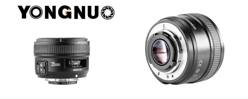 Obiektyw Yongnuo YN 35 mm f/2,0 do Nikon F z widoczną skalą odległości ostrości