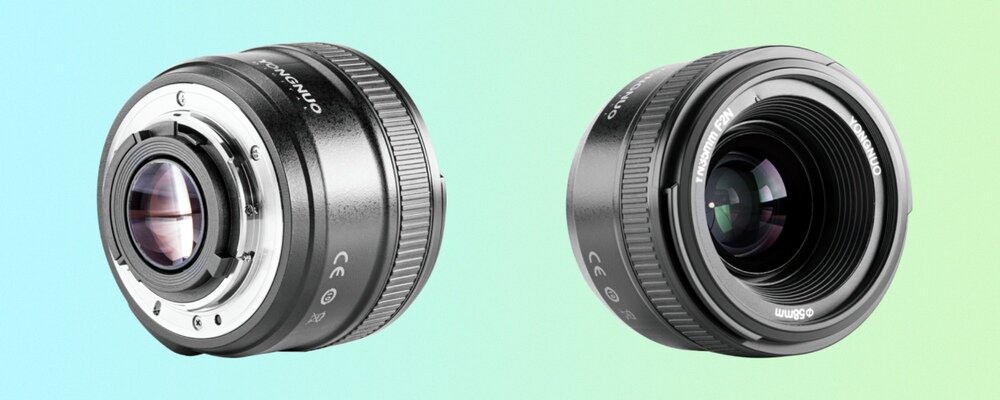 Obiektyw Yongnuo YN 35 mm f/2,0 do Nikon F w dwóch ujęciach od strony mocowania oraz od przedniej części obiektywu