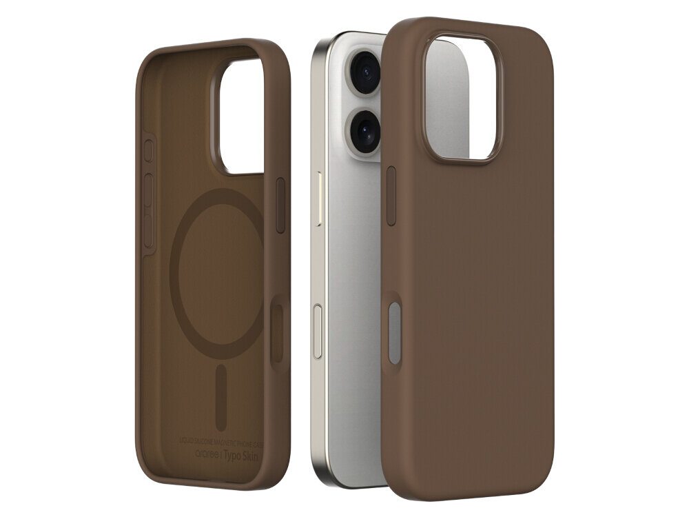 Brązowe etui na telefon z wycięciem na aparat i przyciski, obok widoczny telefon z dwoma obiektywami. Wewnątrz etui znajduje się okrągły symbol wskazujący na kompatybilność z MagSafe.