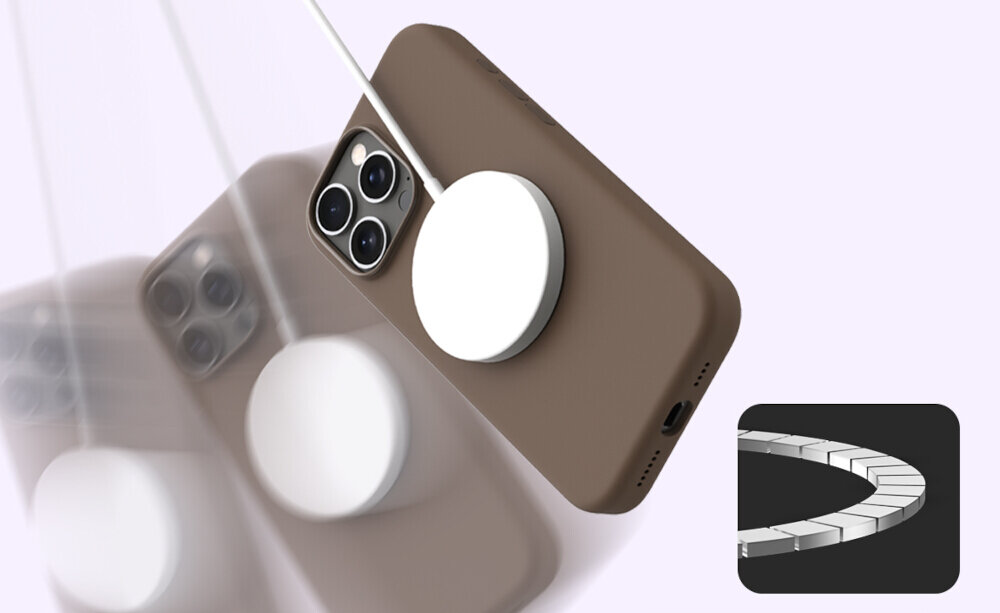 Brązowe etui na telefon z widocznym białym akcesorium MagSafe z tyłu. Obok znajduje się mała ikona przedstawiająca zakrzywiony, segmentowy kształt na czarnym tle.