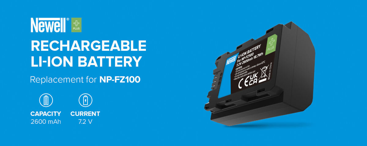 Akumulator NEWELL 2280 mAh do Sony NP-FZ100 Plus, prestiżowe, seria, Zaawansowana, wydajność, na niebieskim tle akumulator wraz z logotypami zalet produktu