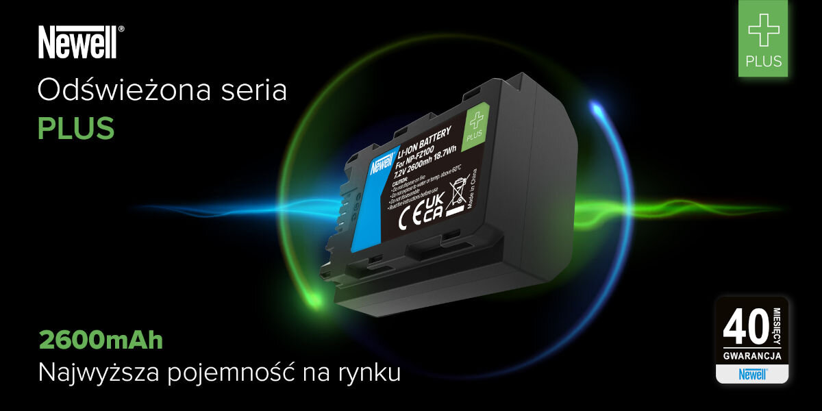 Akumulator NEWELL 2280 mAh do Sony NP-FZ100 Plus, gęstsze, ogniwa, ładowanie, praca, na czarnym tle akumulator z wizualizacją ładowania i opisem zalet produktu