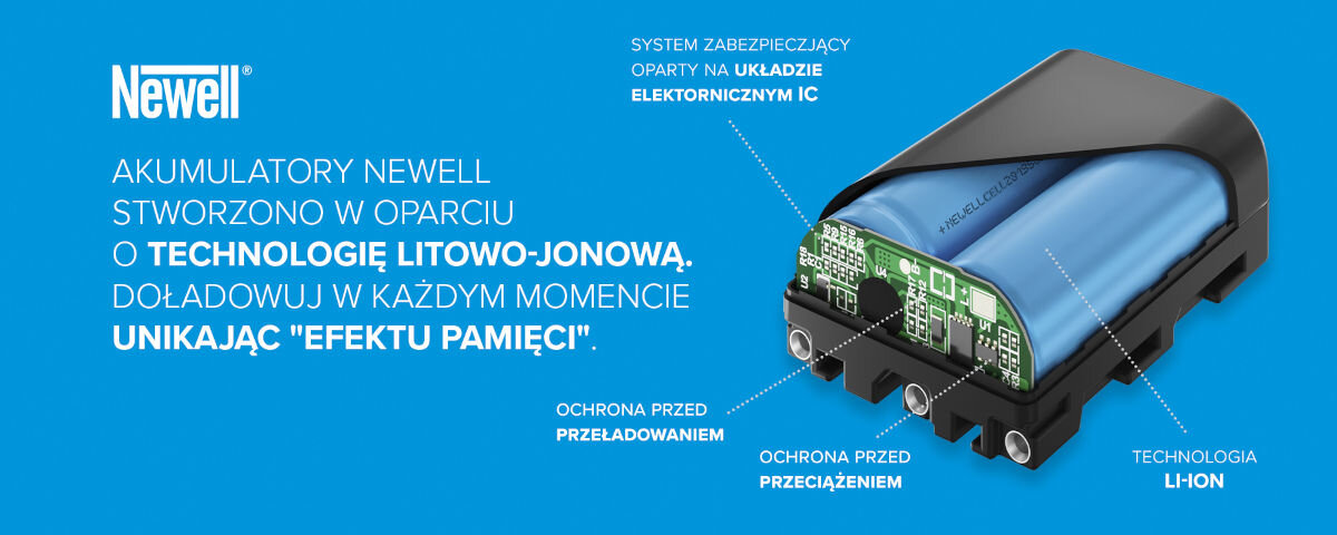 Akumulator NEWELL 2280 mAh do Sony NP-FZ100 Plus, zaprojektowane, ogniwa, litowo-jonowe, doładowywać, na niebieskim tle akumulator z opisem zalet produktu