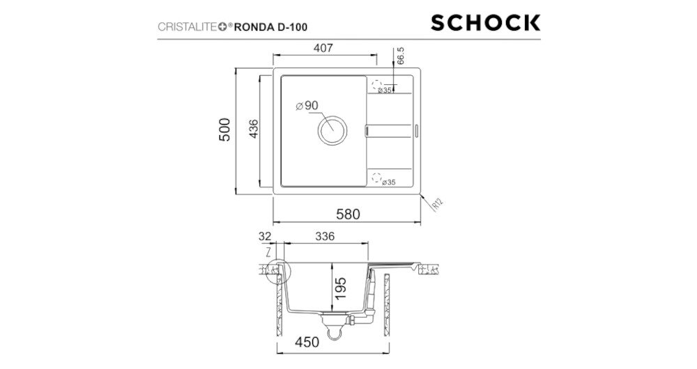 ZLEWOZMYWAK SCHOCK RONDA D-100 komora wymiary korek manualny model odwracalny