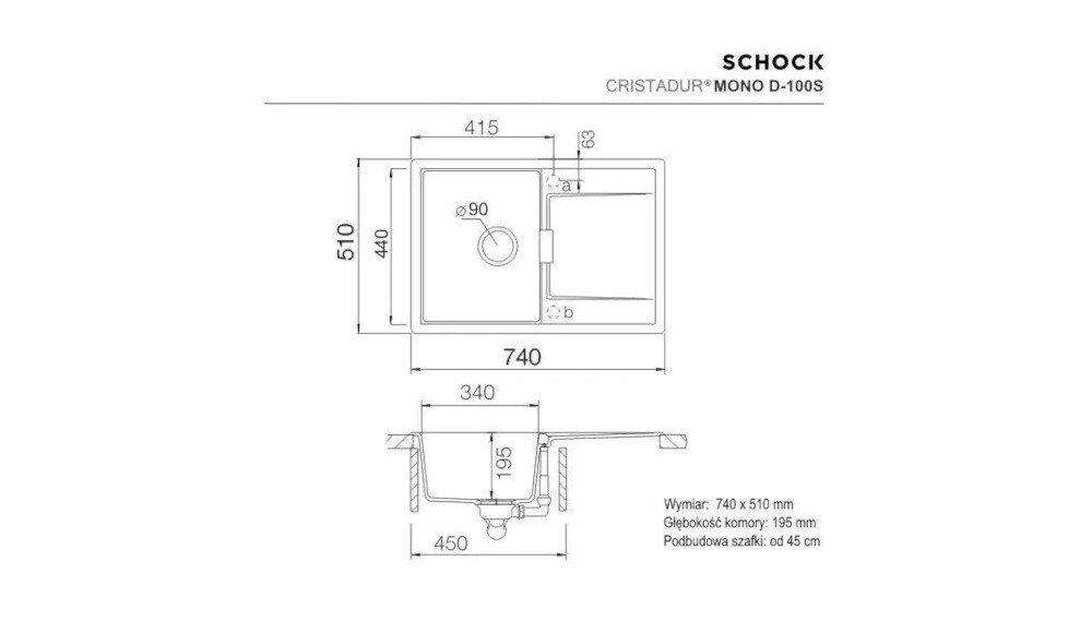 ZLEWOZMYWAK SCHOCK Mono D-100 S komora wymiary korek manualny model odwracalny