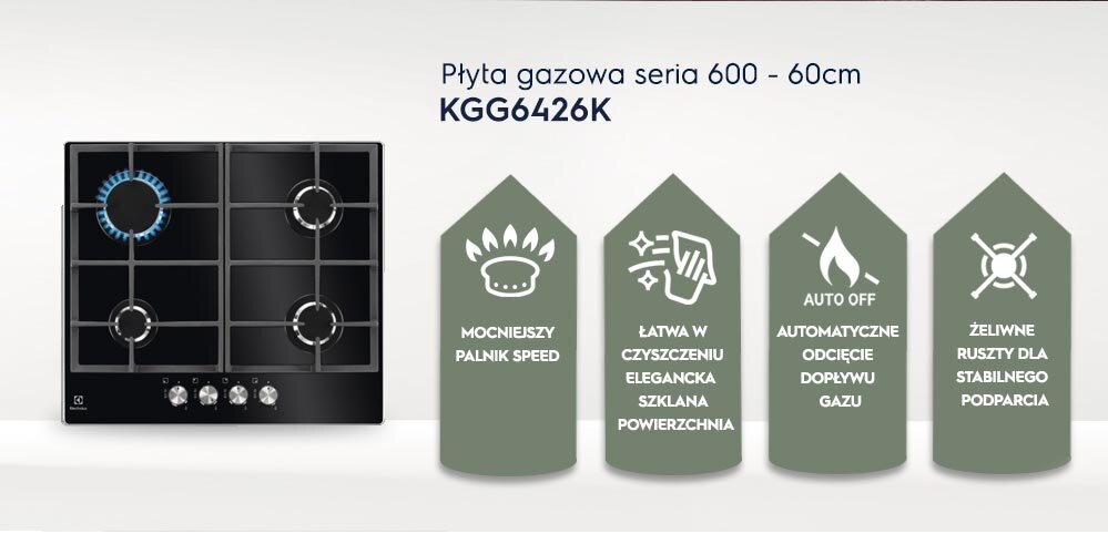 Obraz przedstawia płytę gazową z czterema palnikami, z czego jeden jest włączony. Obok znajdują się ikony z napisami: \'MOCNIEJSZY PALNIK SPEED\', \'ŁATWA W CZYSZCZENIU ELEGANCKA SZKLANA POWIERZCHNIA\', \'AUTO OFF AUTOMATYCZNE ODCIĘCIE DOPŁYWU GAZU\', \'ŻELIWNE RUSZTY DLA STABILNEGO PODPARCIA\'.