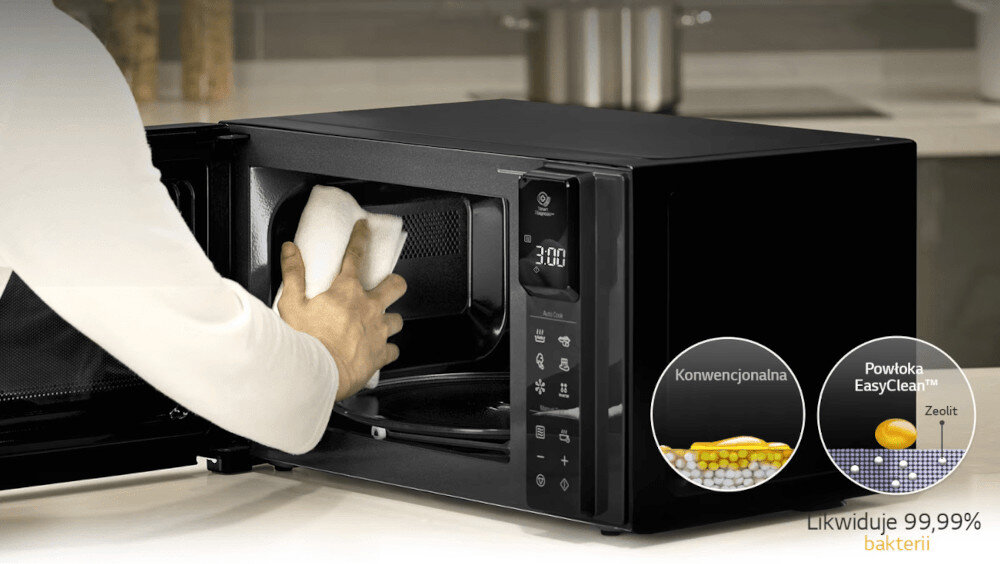 KUCHNIA MIKROFALOWA LG MH6535GIS dłoń szmatka mycie czysczenie wnętrza Technologia EasyClean powłoka Antybakteryjna łatwe wygodne czyszczenie usuwanie bakterii