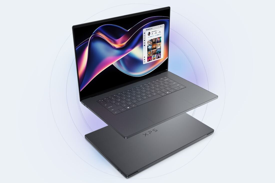 Obraz przedstawia laptopa z otwartym ekranem, na którym widoczny jest kolorowy motyw graficzny oraz interfejs aplikacji. Na dolnej części obudowy znajduje się napis \'XPS\'.