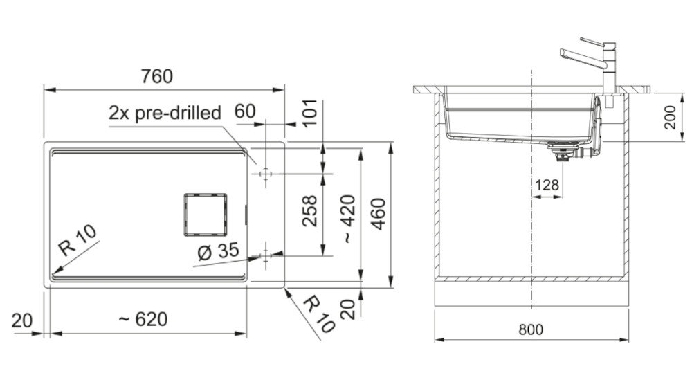 Rysunek techniczny zlewozmywaka z wymiarami: szerokość 590 mm, głębokość 510 mm, oraz otworem o średnicy 35 mm. Zawiera oznaczenia R12, R15, oraz 3x pre-drilled.