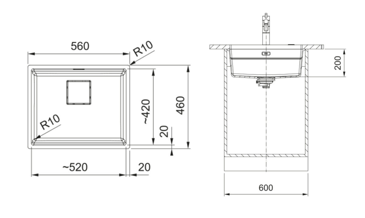 Rysunek techniczny zlewozmywaka z wymiarami: szerokość 590 mm, głębokość 510 mm, oraz otworem o średnicy 35 mm. Zawiera oznaczenia R12, R15, oraz 3x pre-drilled.