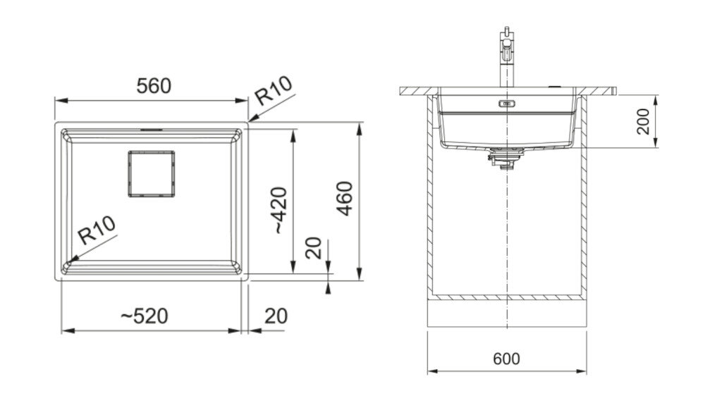 Rysunek techniczny zlewozmywaka z wymiarami: szerokość 590 mm, głębokość 510 mm, oraz otworem o średnicy 35 mm. Zawiera oznaczenia R12, R15, oraz 3x pre-drilled.