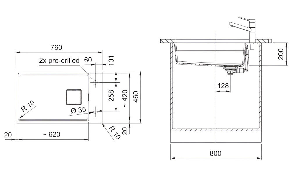 Rysunek techniczny zlewozmywaka jednokomorowego z wymiarami: szerokość 760 mm, głębokość 620 mm, wysokość 200 mm. Widoczne są oznaczenia otworów i promieni zaokrągleń R10 oraz średnica otworu Ø 35 mm.
