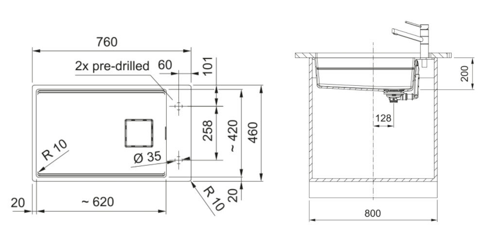 Rysunek techniczny zlewozmywaka z wymiarami: szerokość 590 mm, głębokość 510 mm, oraz otworem o średnicy 35 mm. Zawiera oznaczenia R12, R15, oraz 3x pre-drilled.
