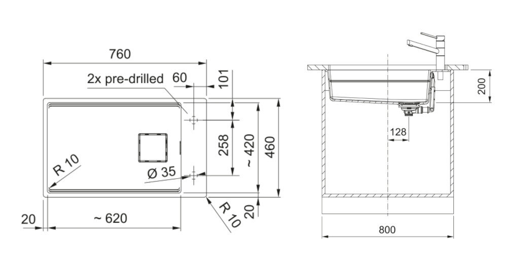 Rysunek techniczny zlewozmywaka jednokomorowego z wymiarami: 760x460 mm, z otworem Ø 35 mm i promieniem R 10. Widoczne są również oznaczenia \'2x pre-drilled\' oraz przekrój boczny zlewozmywaka z wymiarami 800x200 mm.