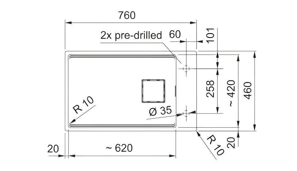 Rysunek techniczny zlewozmywaka z wymiarami: 760 mm szerokości, 620 mm długości, z otworem o średnicy 35 mm. Widoczne są oznaczenia \'2x pre-drilled\', \'R 10\', oraz różne wymiary w milimetrach.