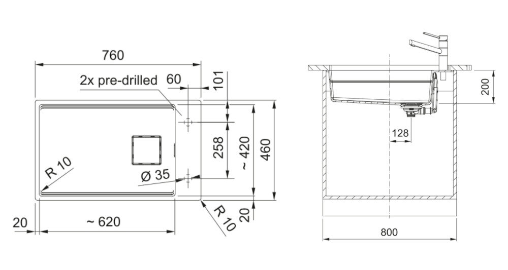 Rysunek techniczny przedstawia wymiary zlewozmywaka jednokomorowego z oznaczeniami: 760 mm szerokości, 620 mm długości, oraz otworem Ø 35 mm. Widoczne są również szczegóły montażowe i przekrój boczny zlewozmywaka.