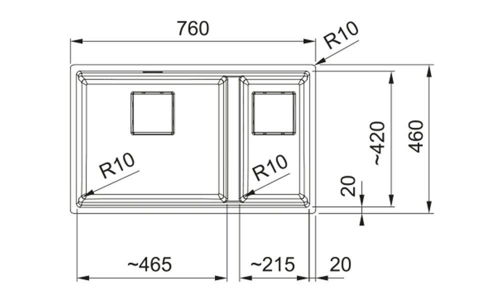 Rysunek techniczny zlewozmywaka z wymiarami: szerokość 590 mm, głębokość 510 mm, oraz otworem o średnicy 35 mm. Zawiera oznaczenia R12, R15, oraz 3x pre-drilled.