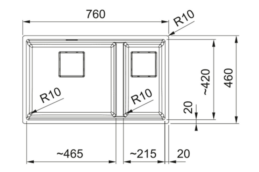 Rysunek techniczny zlewozmywaka z wymiarami: szerokość 590 mm, głębokość 510 mm, oraz otworem o średnicy 35 mm. Zawiera oznaczenia R12, R15, oraz 3x pre-drilled.