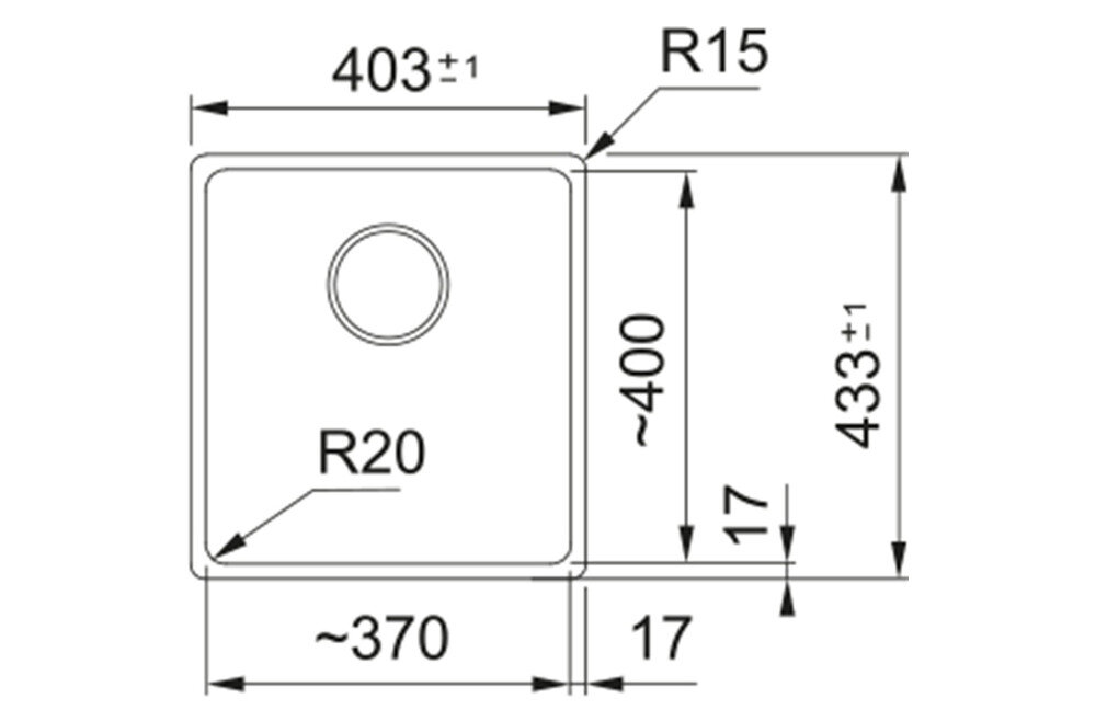 Rysunek techniczny zlewozmywaka z wymiarami: szerokość 590 mm, głębokość 510 mm, oraz otworem o średnicy 35 mm. Zawiera oznaczenia R12, R15, oraz 3x pre-drilled.