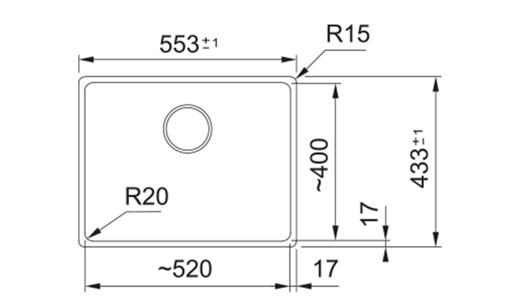 Rysunek techniczny zlewozmywaka z wymiarami: szerokość 590 mm, głębokość 510 mm, oraz otworem o średnicy 35 mm. Zawiera oznaczenia R12, R15, oraz 3x pre-drilled.