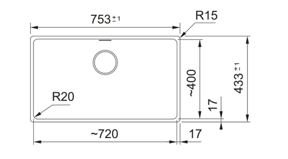 Rysunek techniczny zlewozmywaka z wymiarami: szerokość 590 mm, głębokość 510 mm, oraz otworem o średnicy 35 mm. Zawiera oznaczenia R12, R15, oraz 3x pre-drilled.