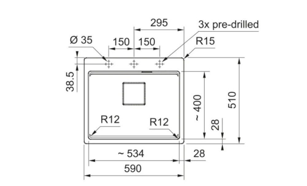 Rysunek techniczny zlewozmywaka z wymiarami: szerokość 590 mm, głębokość 510 mm, oraz otworem o średnicy 35 mm. Zawiera oznaczenia R12, R15, oraz 3x pre-drilled.