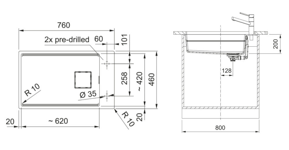 Rysunek techniczny zlewozmywaka z wymiarami: szerokość 590 mm, głębokość 510 mm, oraz otworem o średnicy 35 mm. Zawiera oznaczenia R12, R15, oraz 3x pre-drilled.