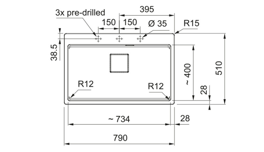 Rysunek techniczny zlewozmywaka z wymiarami: szerokość 590 mm, głębokość 510 mm, oraz otworem o średnicy 35 mm. Zawiera oznaczenia R12, R15, oraz 3x pre-drilled.