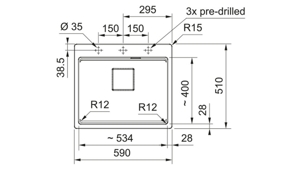 Rysunek techniczny zlewozmywaka z wymiarami: szerokość 590 mm, głębokość 510 mm, oraz otworem o średnicy 35 mm. Zawiera oznaczenia R12, R15, oraz 3x pre-drilled.