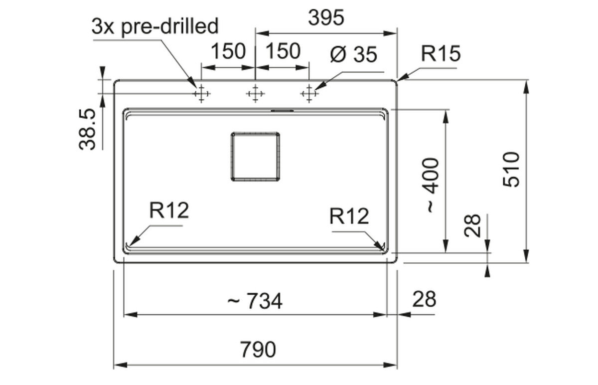 Rysunek techniczny zlewozmywaka z wymiarami: szerokość 590 mm, głębokość 510 mm, oraz otworem o średnicy 35 mm. Zawiera oznaczenia R12, R15, oraz 3x pre-drilled.