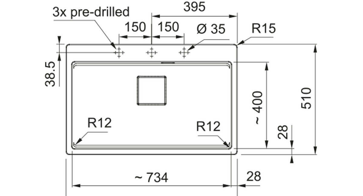 Rysunek techniczny zlewozmywaka z wymiarami: szerokość około 734 mm, głębokość 510 mm, oraz otwory o średnicy 35 mm. Widoczne są oznaczenia promieni R12 i R15 oraz trzy wstępnie wywiercone otwory.