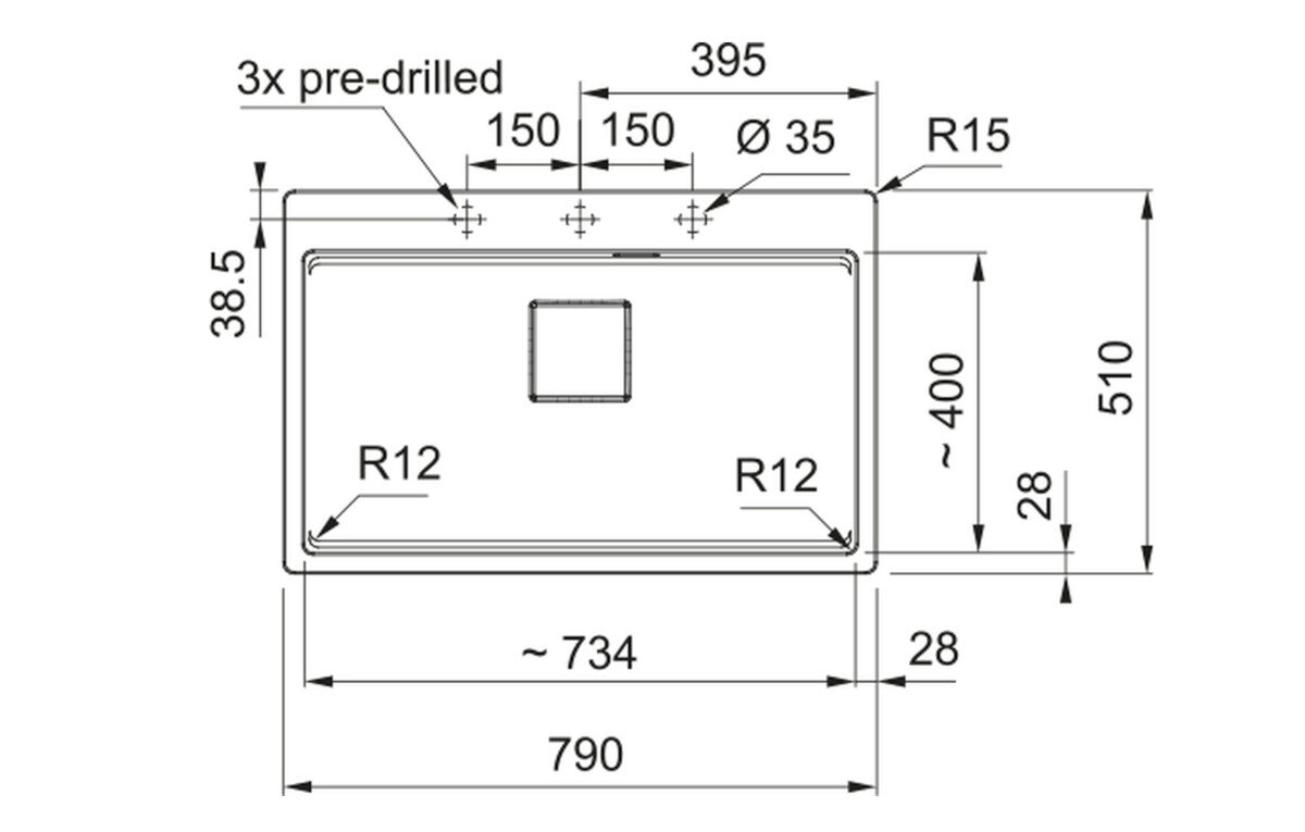 Rysunek techniczny zlewozmywaka z wymiarami: szerokość 590 mm, głębokość 510 mm, oraz otworem o średnicy 35 mm. Zawiera oznaczenia R12, R15, oraz 3x pre-drilled.