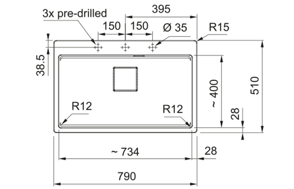 Rysunek techniczny zlewozmywaka z wymiarami: szerokość 590 mm, głębokość 510 mm, oraz otworem o średnicy 35 mm. Zawiera oznaczenia R12, R15, oraz 3x pre-drilled.