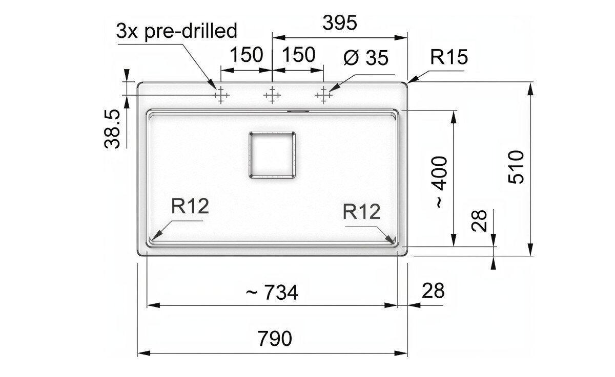 Rysunek techniczny zlewozmywaka z wymiarami: szerokość 590 mm, głębokość 510 mm, oraz otworem o średnicy 35 mm. Zawiera oznaczenia R12, R15, oraz 3x pre-drilled.