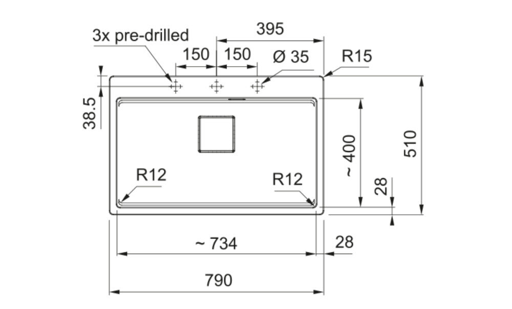 Rysunek techniczny zlewozmywaka z wymiarami: szerokość 590 mm, głębokość 510 mm, oraz otworem o średnicy 35 mm. Zawiera oznaczenia R12, R15, oraz 3x pre-drilled.