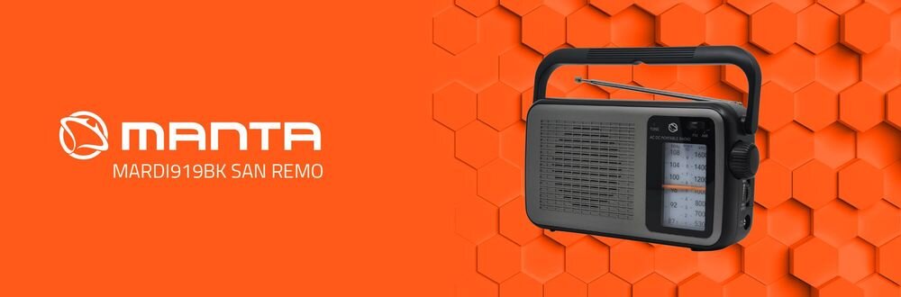 Obraz przedstawia czarno-szare przenośne radio z anteną i pokrętłem, umieszczone na pomarańczowym tle z heksagonalnym wzorem. Po lewej stronie widoczne jest logo \'MANTA\' oraz tekst \'MARDI919BK SAN REMO\'.