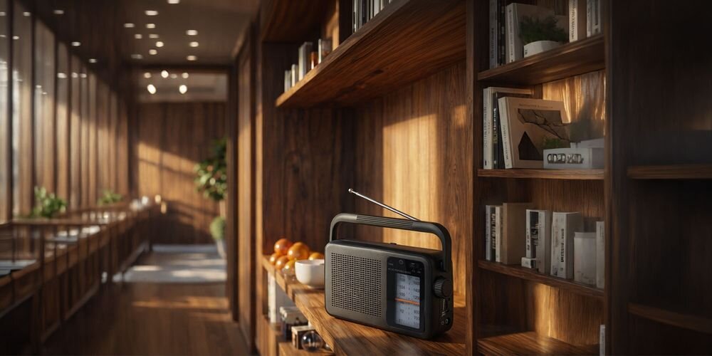 Na drewnianej półce w pomieszczeniu znajduje się czarno-szare radio z wysuniętą anteną. W tle widać książki i dekoracje na półkach oraz rośliny w doniczkach.