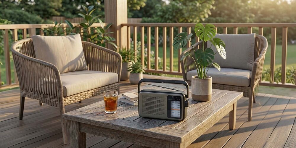 Na drewnianym stole na tarasie stoi czarno-szare radio przenośne obok szklanki z napojem i doniczki z rośliną. W tle znajdują się dwa fotele z poduszkami oraz drewniana balustrada.