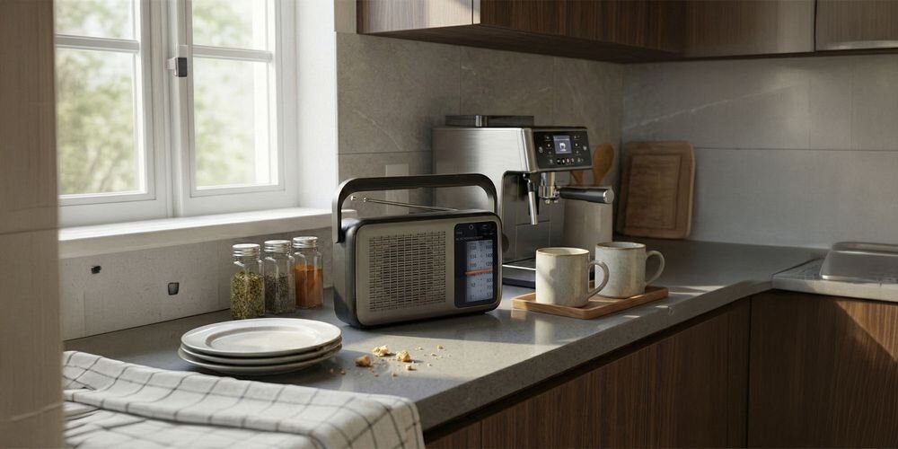 Na blacie kuchennym stoi czarno-szare radio przenośne z widocznym wyświetlaczem. Obok znajdują się filiżanki na drewnianej podstawce, talerze oraz ekspres do kawy.