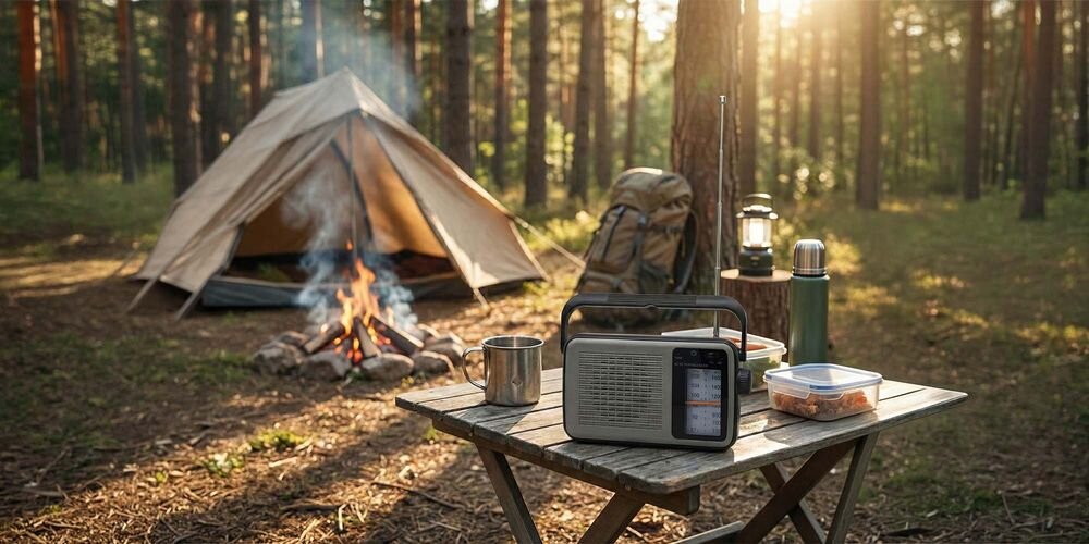 Na drewnianym stole w lesie stoi przenośne radio, obok metalowy kubek i plastikowe pudełko z jedzeniem. W tle widoczny jest namiot, plecak i palące się ognisko.