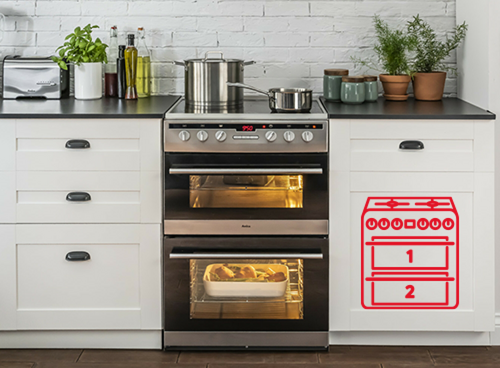 Kuchnia z dwoma piekarnikami, z których dolny jest włączony i piecze się w nim potrawa. Na blacie stoją garnki, przyprawy i rośliny w doniczkach.