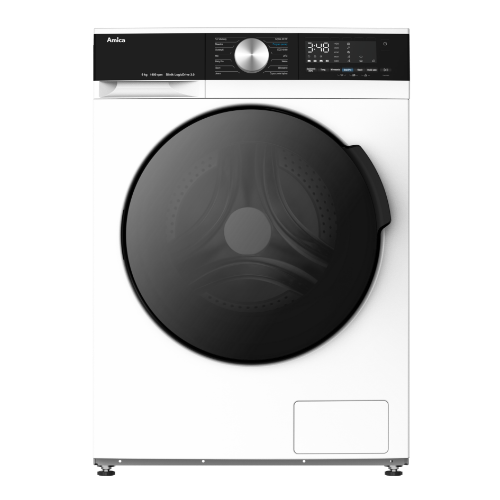 Pralka w kolorze białym z czarnym panelem sterowania i dużym okrągłym drzwiczkami. Na panelu widoczne są przyciski, pokrętło oraz wyświetlacz z czasem 3:48 i logo Amica.