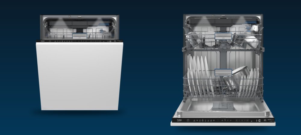 ZMYWARKA BEKO MEDIN3854A niebieskie tło zmywarka otwarta uchylona wnętrze kosze naczynia Dotykowy panel łatwa obsługa oświetlenie wnętrza Czujnik zabrudzenia