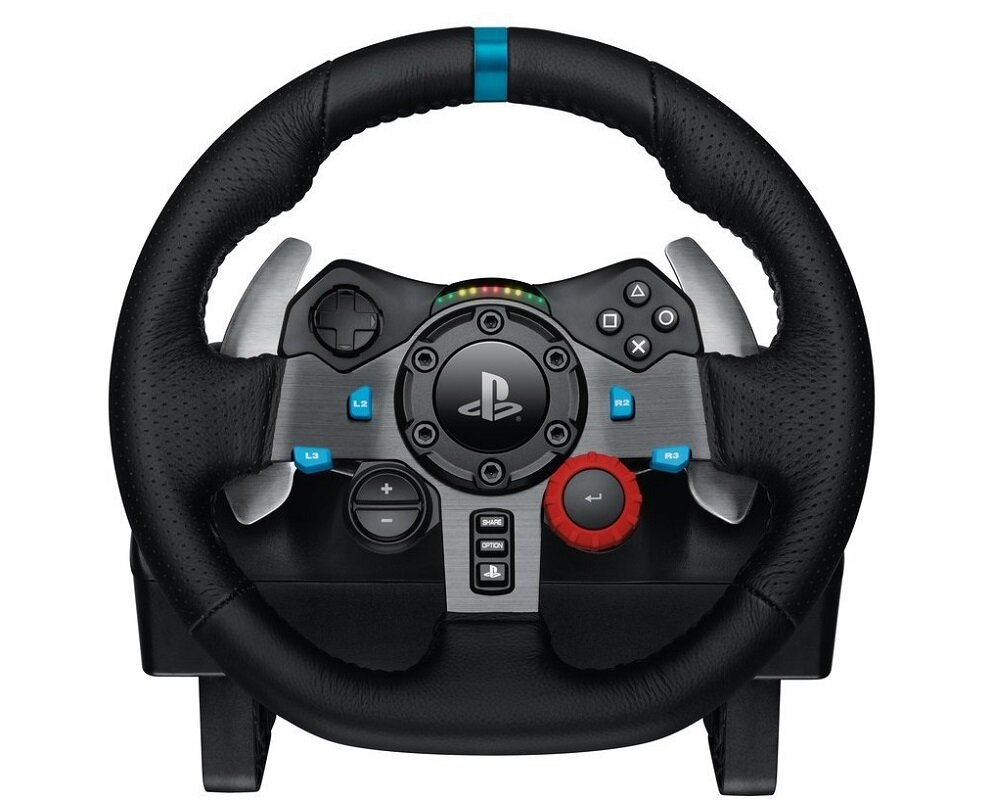 Czarna kierownica z logo PlayStation na środku, posiadająca przyciski oznaczone symbolami L3, R3, L2, R2 oraz kolorowe wskaźniki LED. Wykonana z materiału imitującego skórę, z metalowymi elementami i niebieskim akcentem na górze.